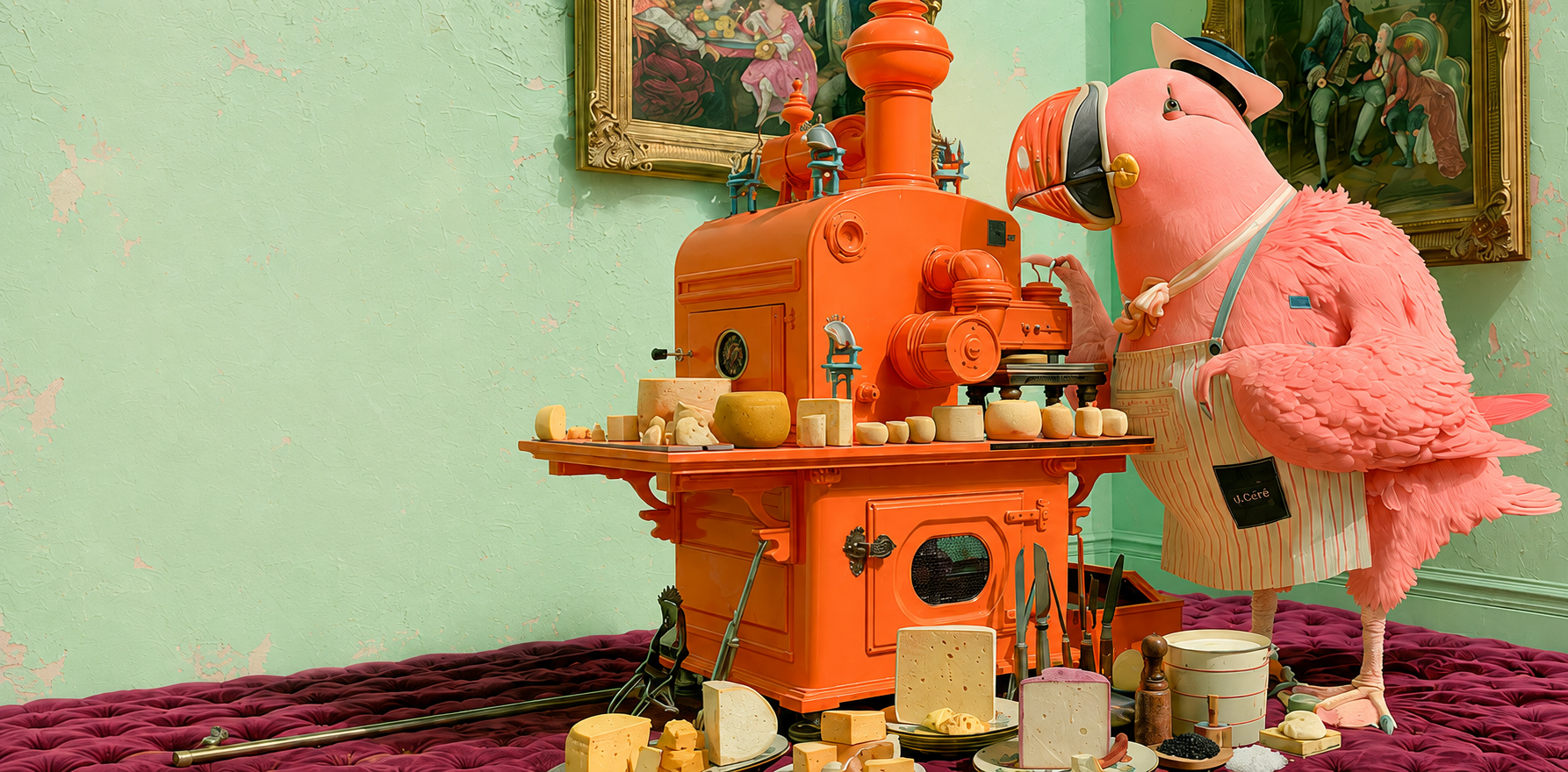 The Fromagier — a pink parrot artisan tending an orange Victorian cheese-making machine in a sage-green rococo parlor